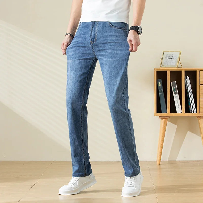 Summer Thin Mens Clothing Cowboys Slim Straight Jeans Men Denim Pants Casual Regular Fitness Men's Trousers Light Blue 2026 Y2K