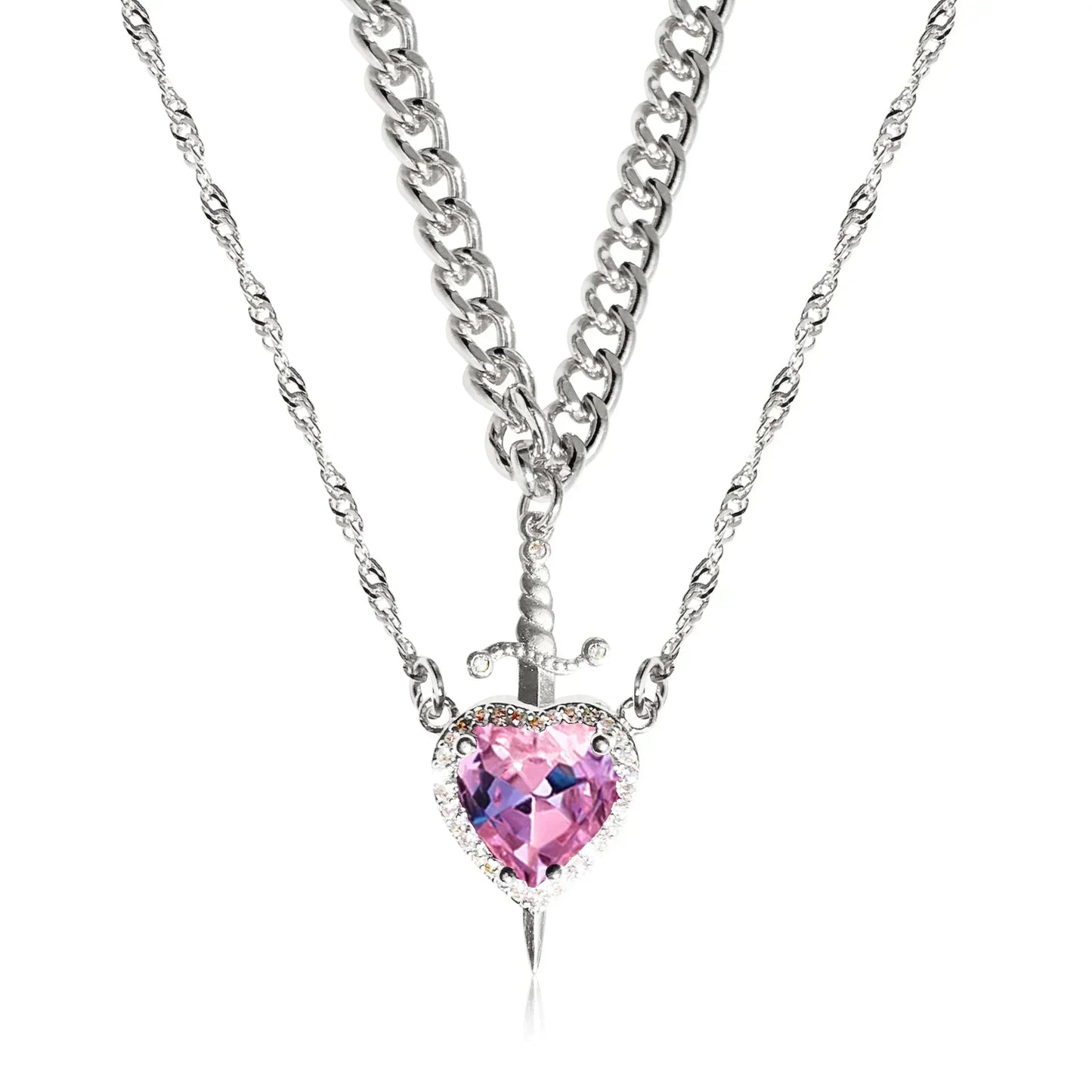 2pcs Can Be Assembled Heart and Sword Zircon Pendant Necklace for Women Men Couple Silver Gold Plated Choker Chain Jewelry
