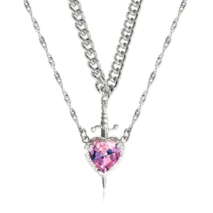 2pcs Can Be Assembled Heart and Sword Zircon Pendant Necklace for Women Men Couple Silver Gold Plated Choker Chain Jewelry