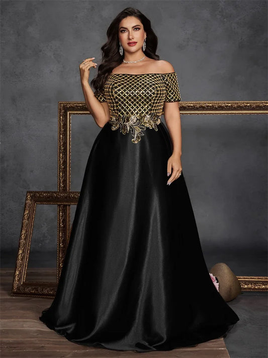 Plus Size Elegant Short Sleeve Sequins Splicing Formal Evening Dresses Women Luxury Party Bridesmaid Cocktail Gowns