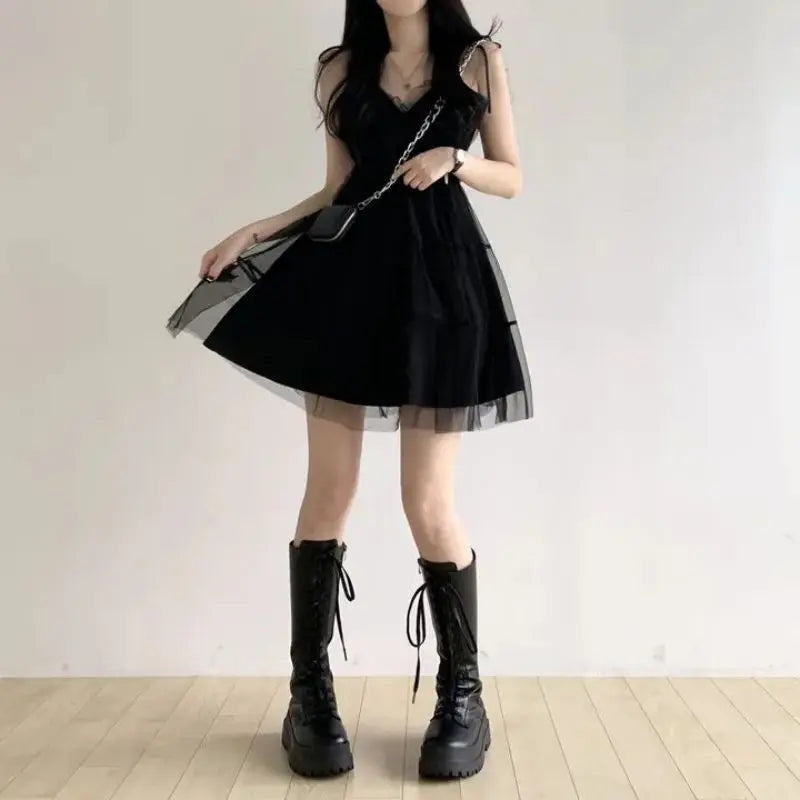 Y2k Black Mesh Women's Ball Gown Dresses 2025 New Sleeveless Strapless V-neck Party Sexy Mini Dress for Womens