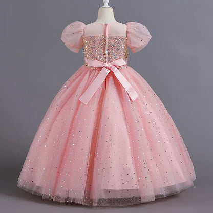 Children's Dress Girls' Princess Sequin Bubble Sleeve Long Mesh Flower Little Girl Wedding For Summer