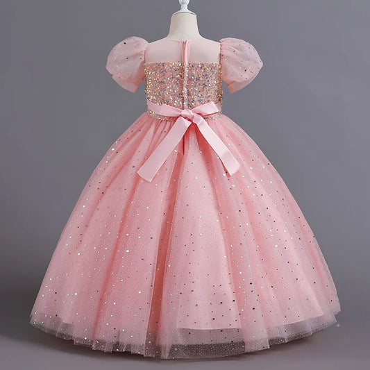 Children's Dress Girls' Princess Sequin Bubble Sleeve Long Mesh Flower Little Girl Wedding For Summer