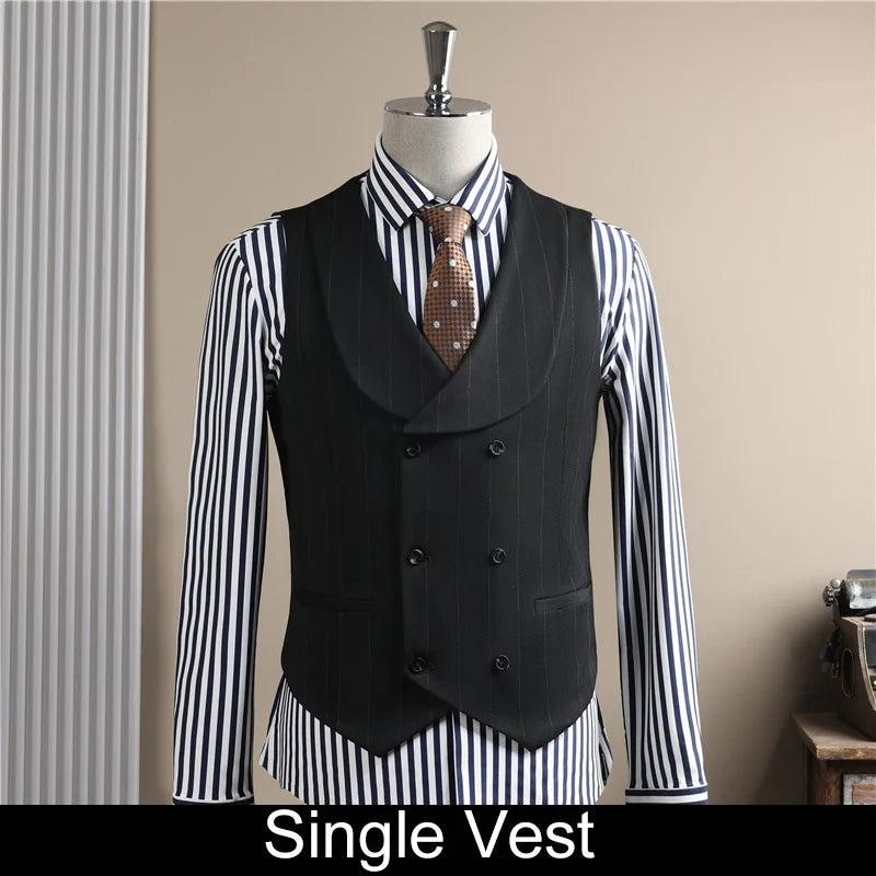 Man Outfit Turn Down Collar Long Sleeve Blazer Men Turn Down Collar Vest Straight-leg Pant Male Striped Slim 3-piece Suit Set