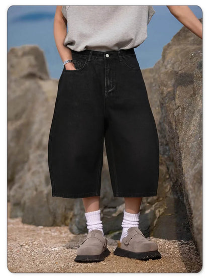 Summer American Style Retro Black Ultra Baggy Machete Wide Leg Denim Shorts Fashion Men's Women's Daily Jeans Capris Jeans