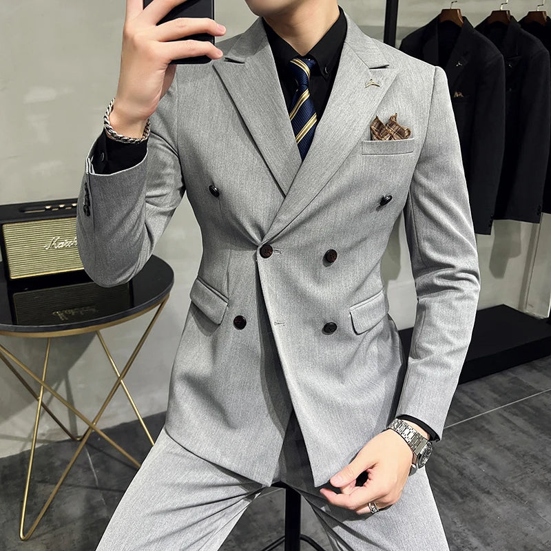 ( Blazers + Pants ) Boutique Fashion Solid Color Double-breasted Men's Casual Business Slim Suit 2-piece Set Groom Wedding Dress