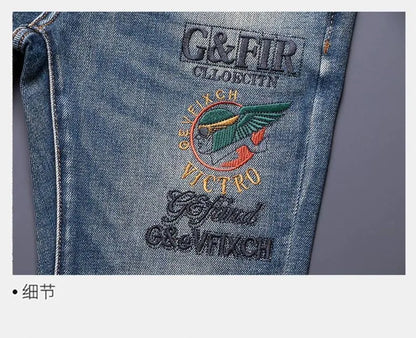 Calça Jeans Masculina Reta Vintage Americana Estampada Tendência Primavera Outono Nova Moda Calça Jeans Stretch Esportiva Casual 28-36