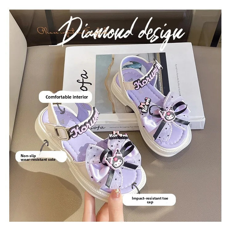 Kids'Sandals Kuromi PU Leather Bow Flat Spring Shoes For Girls Anti-slip Soft Thick Bottom White Black Shoes Size 25-36