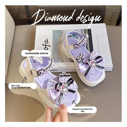 Kids'Sandals Kuromi PU Leather Bow Flat Spring Shoes For Girls Anti-slip Soft Thick Bottom White Black Shoes Size 25-36