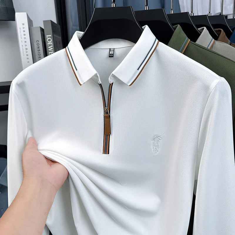 Men's Cotton Long Sleeved T-shirt with Collar Polo Shirt High-end Embroidered Top Autumn Loose Base Shirt