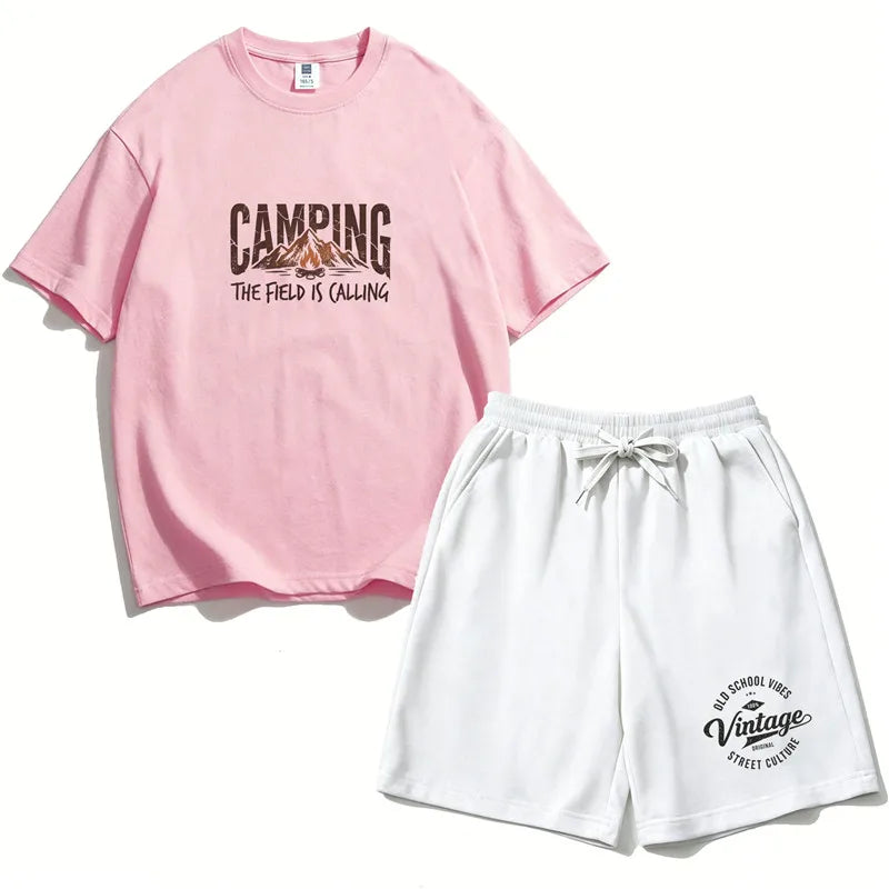 Boys 2PCS Cotton Outfit Set Mountain Print Short Sleeve Tee + Elastic Waist Shorts Camping Summer Set LH21