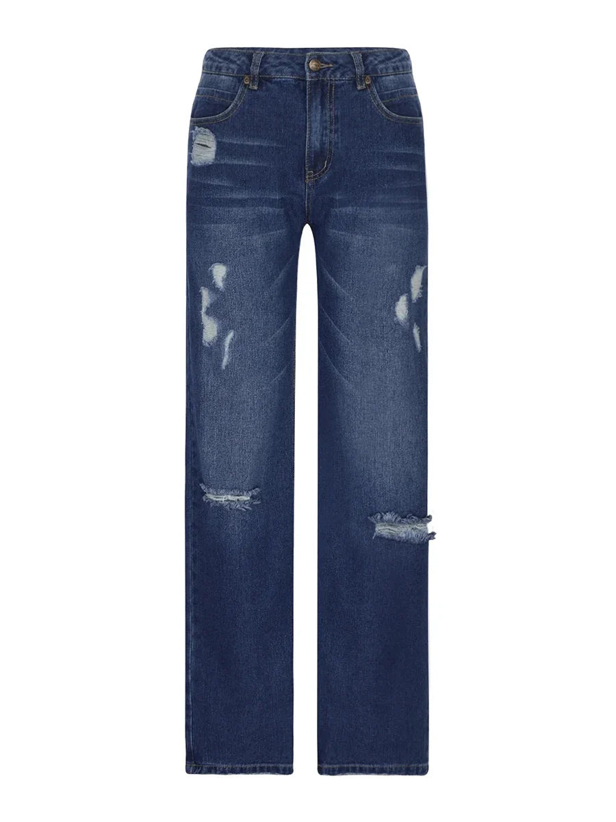 Women Men Denim Pants Casual Ripped Loose Straight Leg Jeans