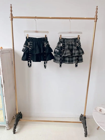 Summer New Cute Girl Elastic High Waist Women's All-Matching Short Y2k Skirts Punk Style Zipper Ruffled Plaid Mini Skirt