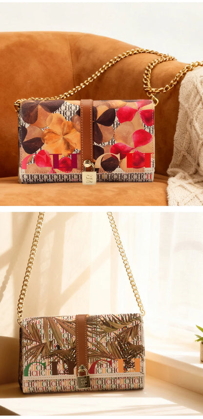 Chain Bag with Floral Letter Print Lock Design High Quality PU Material Women's 2025 Designer Shoulder Bag