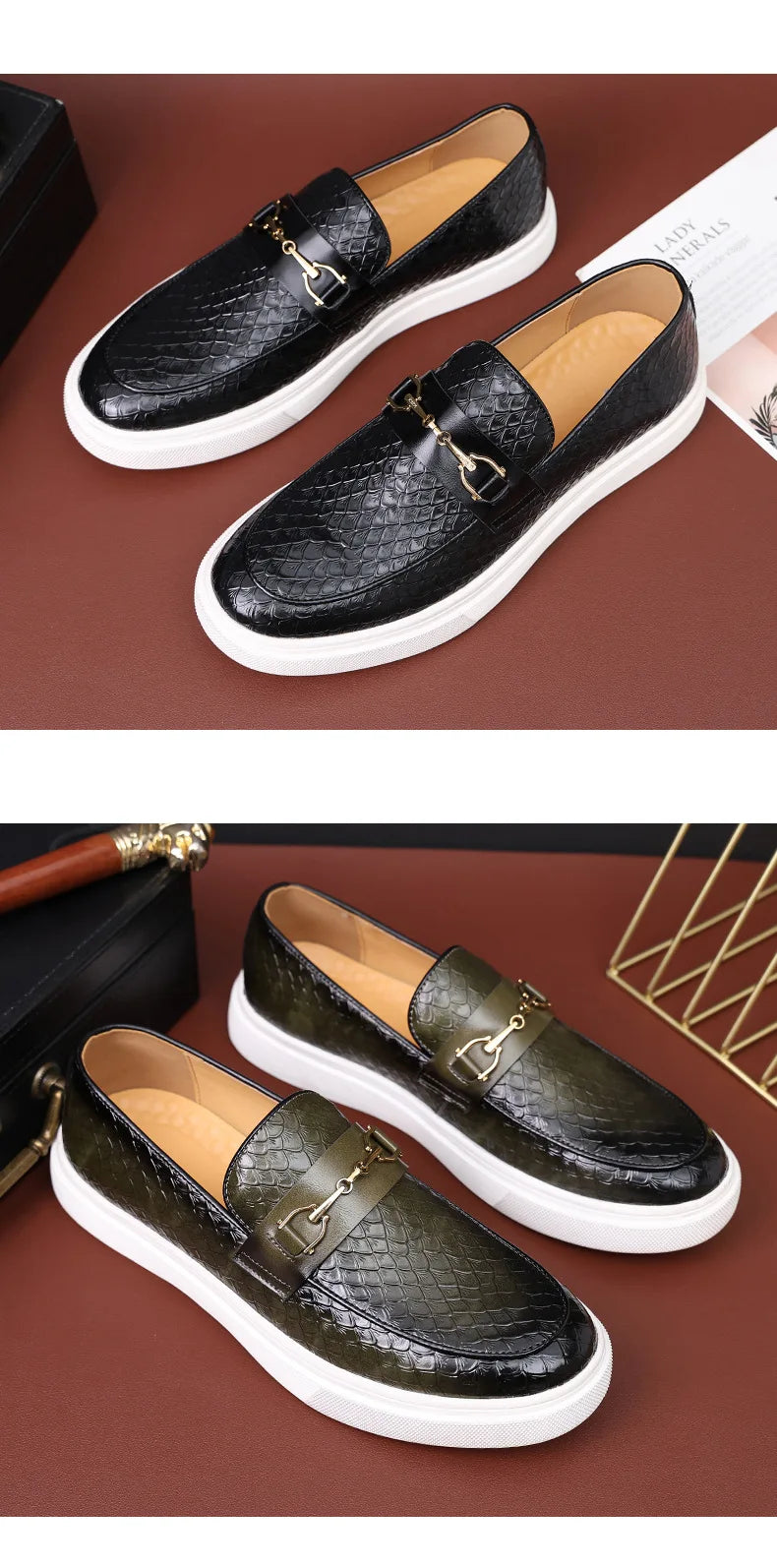 Fashion Men's Casual Shoes Snakeskin Grain Leather Men Retro British Style Loafers Monk Shoes Mens Slip-on Outdoor Driving Flats