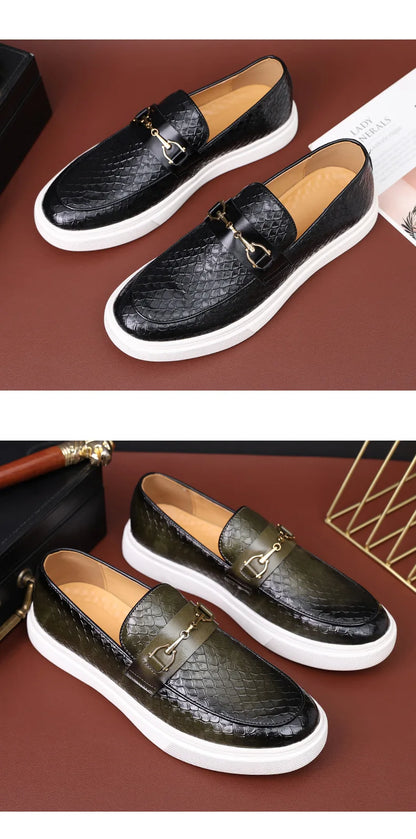 Fashion Men's Casual Shoes Snakeskin Grain Leather Men Retro British Style Loafers Monk Shoes Mens Slip-on Outdoor Driving Flats
