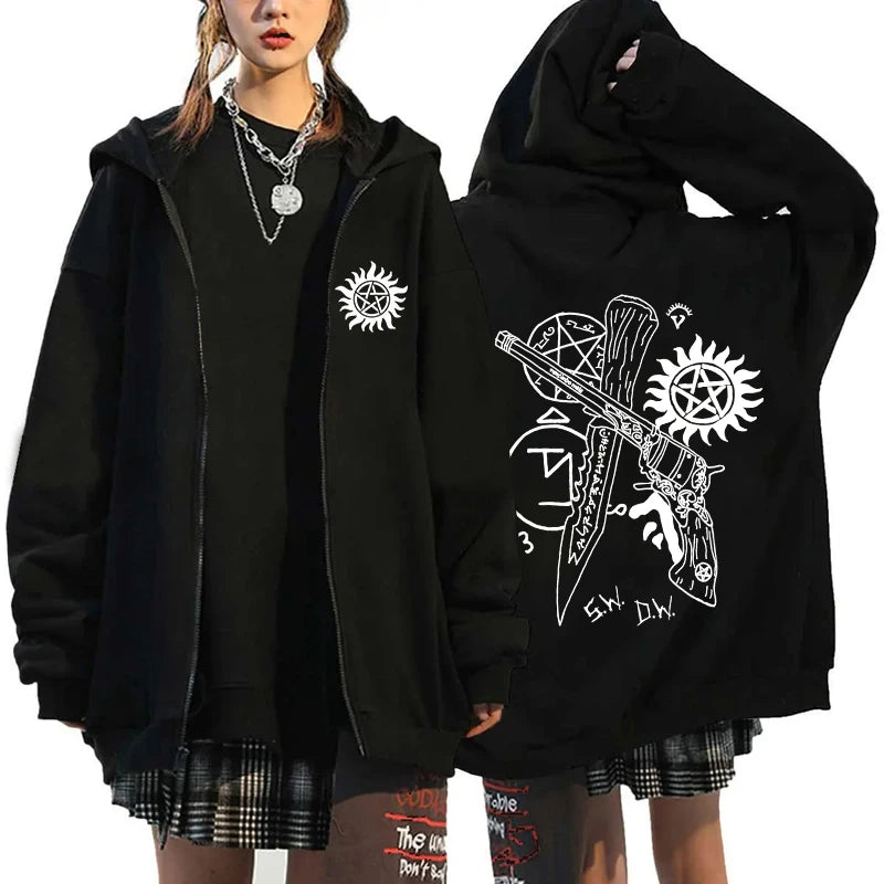 New Supernatural Printed Zipper Hooded Fashion Women Men Sweatshirt Casual Sport Hoodie Personality Zipper Long Sleeve Coat