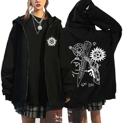 New Supernatural Printed Zipper Hooded Fashion Women Men Sweatshirt Casual Sport Hoodie Personality Zipper Long Sleeve Coat