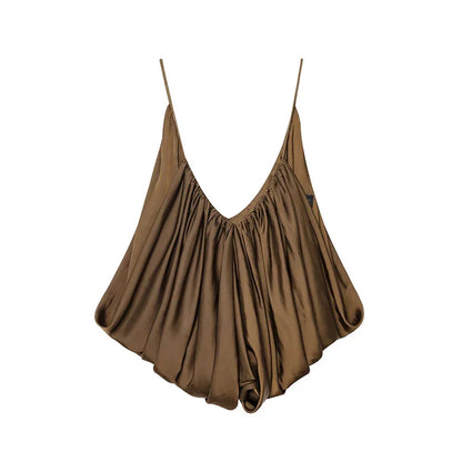 Women's Slip Tops Fashion Satin Pleated V-Neck Sleeveless Top Summer Sexy Female Chic Tops