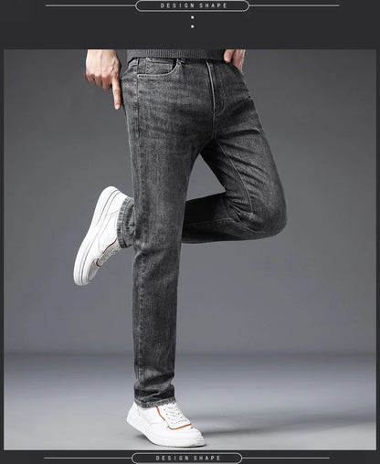 Calça Jeans Masculina Coreana Macia Elástica Slim Fit Negócios Casual Reta Jeans Clássica Marca Azul Lavado Cinza