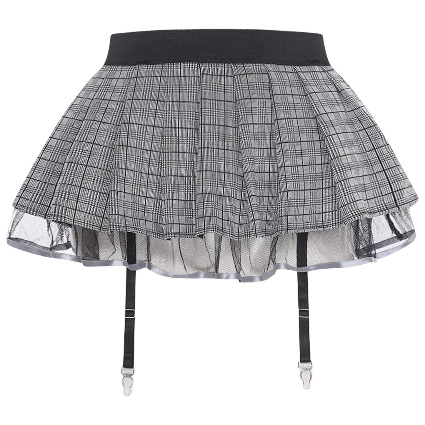 Women's Miniskirt with Garters Schoolgirl Cosplay Costume Plaid Layer with Tulle Lining Elastic Waistband Short Skirt Clubwear