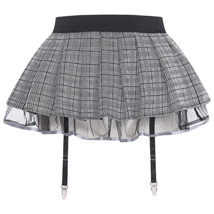 Women's Miniskirt with Garters Schoolgirl Cosplay Costume Plaid Layer with Tulle Lining Elastic Waistband Short Skirt Clubwear