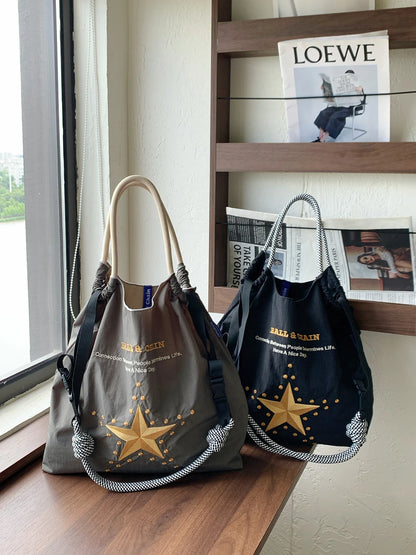 New Japanese-Style Embroidered Shopping Bag Y2K Style Large Five-Pointed Star Design Women's Shoulder Bag Lightweight Tote Bag Foldable Storage Suitable for Shopping Leisure Holiday Parties