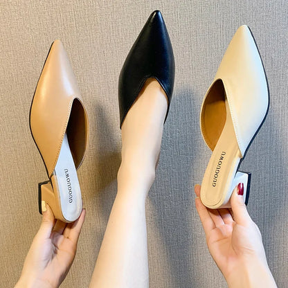 Pointed Slippers Women High Heels 2025 New Summer Shoes Fashion Luxury Slides Slip Loafers Square Heel Female Party Shoes