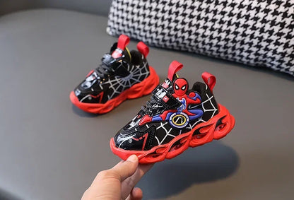Disney Children's Sneakers Boys Cartoon Spiderman Led Light Sport Shoes Student Shoes Hook Anti-slip Kids Outdoor Shoes