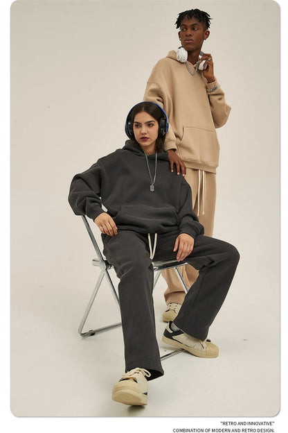 Thick 350gsm Fleece Hooded Hoodies For Men Unisex Winter Oversized Loose Basic Solid Sweatshirts Pullovers Coats HY0631