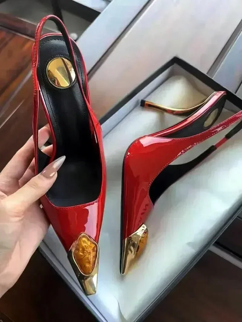 Luxury Metal Jewel Decoration Heels Women 2025 Sexy Pointed Toe Patent Leather Women Pumps Elegant Banquet High Heeled Sandals