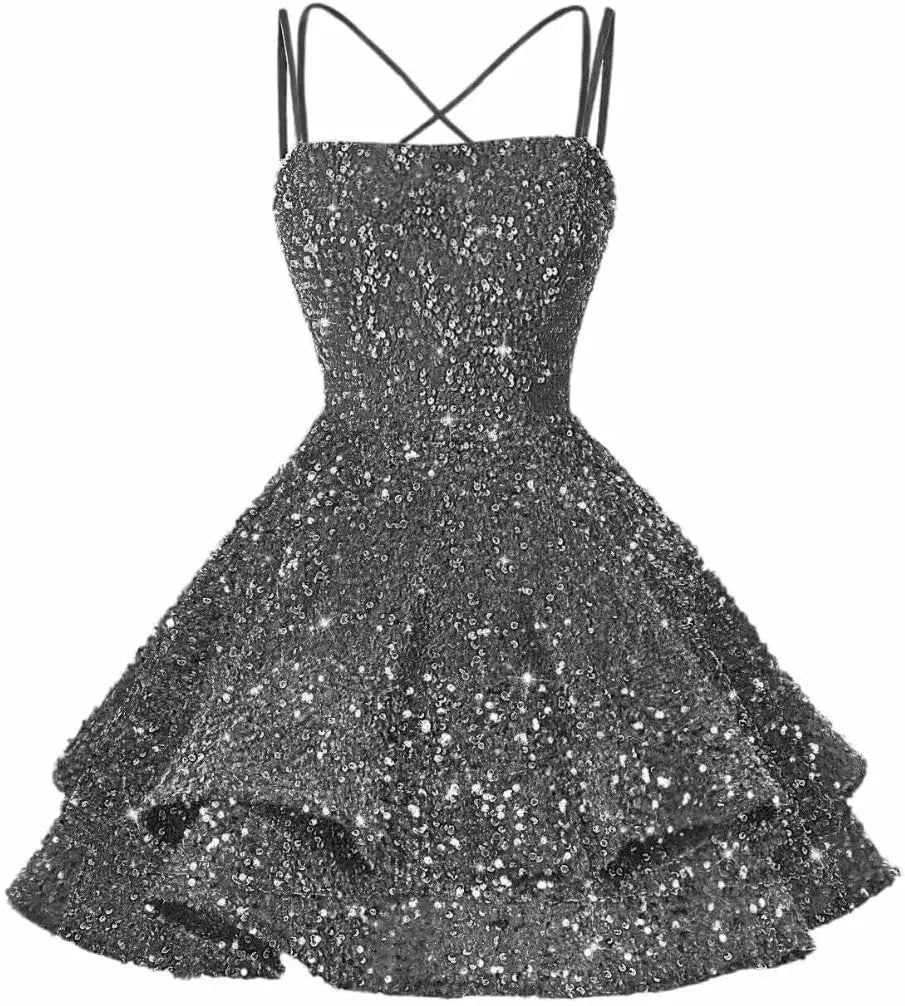 Sequin Short Square Neck Homecoming Dress for Teen Sparkly Prom Dress Sweet 16 Photo Shoot Cocktail Gowns Graduation Dress