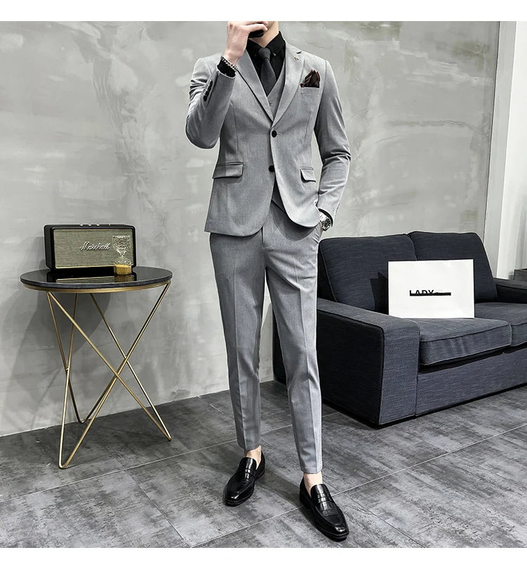 ( Blazer + Vest + Pants ) Boutique Fashion Solid Color Men's Slim Casual Business Suit Three-piece Set Groom Wedding Dress Party