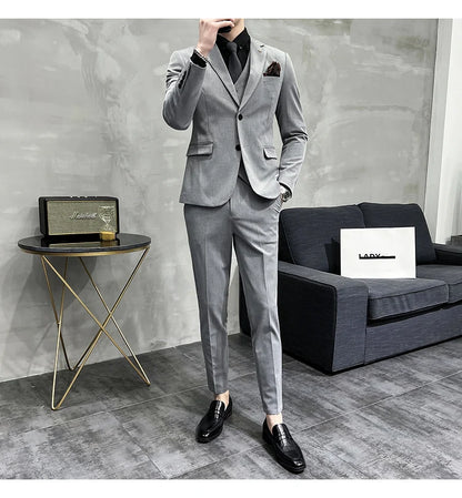 ( Blazer + Vest + Pants ) Boutique Fashion Solid Color Men's Slim Casual Business Suit Three-piece Set Groom Wedding Dress Party
