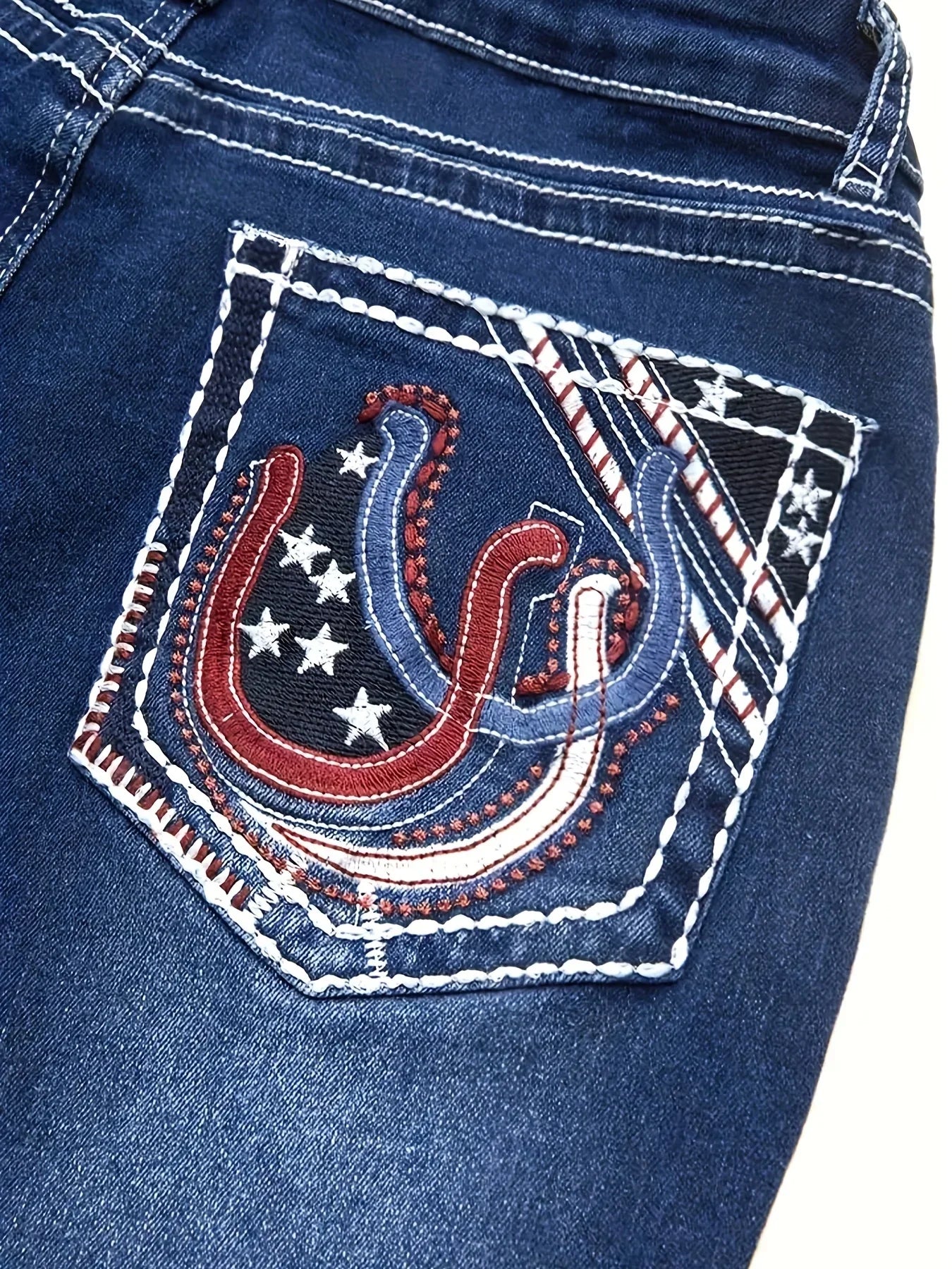 2025 women's new denim horn elastic embroidery retro slim fit elastic mid waist comfortable pants