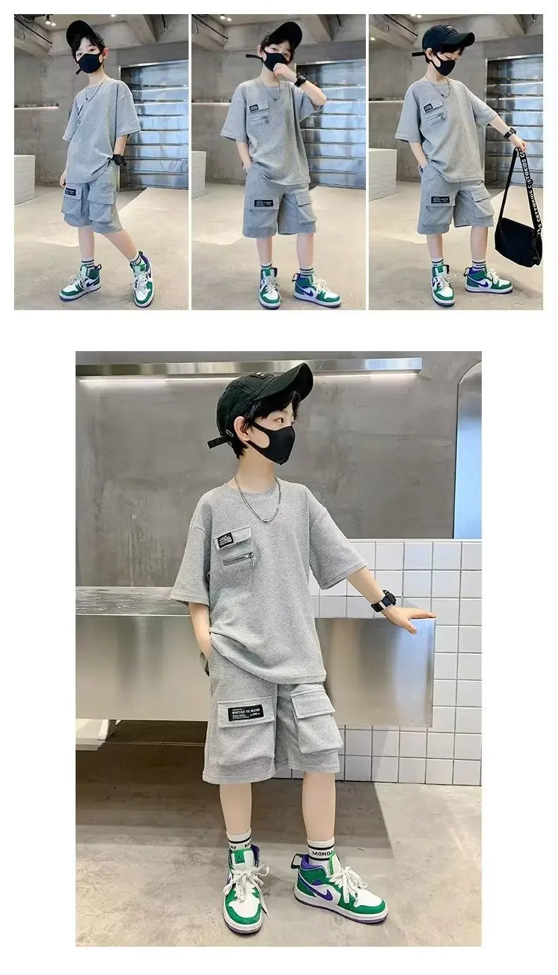 Summer Kids Boys T-Shirt+Shorts 2-Piece Set Letter Printing Children Teen Loose Comfortable Sports Casual Clothes 4-14 Years Old