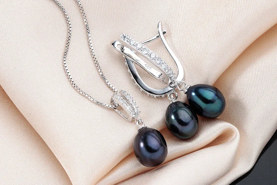 Horseshoe 8-9mm Rice Freshwater Pearl Earrings&Necklaces Jewelry Set for Women 925 Sterling Silver 45cm Pendant Necklace