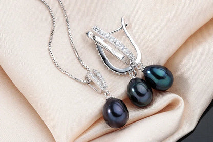 Horseshoe 8-9mm Rice Freshwater Pearl Earrings&Necklaces Jewelry Set for Women 925 Sterling Silver 45cm Pendant Necklace