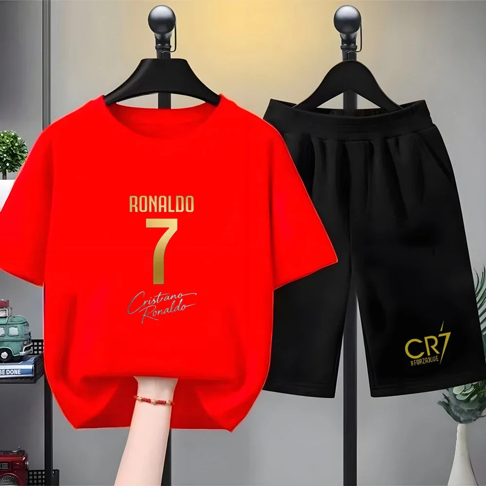 Children Short-sleeved T-shirt+Shorts black Boys Girls Toddler 3-12Yrs Sports Set Football Player No. 7 Summe cool Clothing