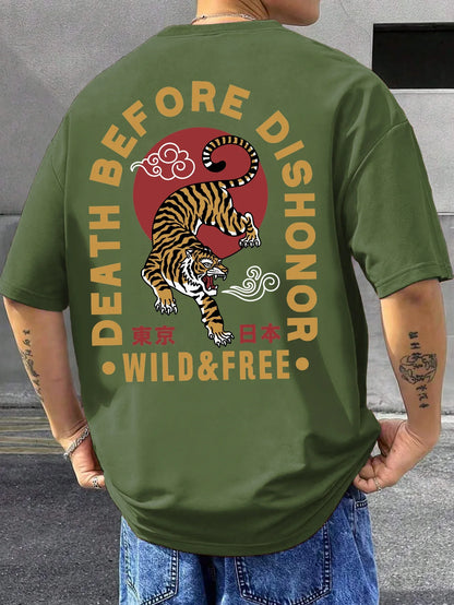 Tiger Letter Print Casual Commute 
 Mans Tshirt Fitting Breathable Tee Shirt Leisure Comfort Tee Clothing Round Neck Tops