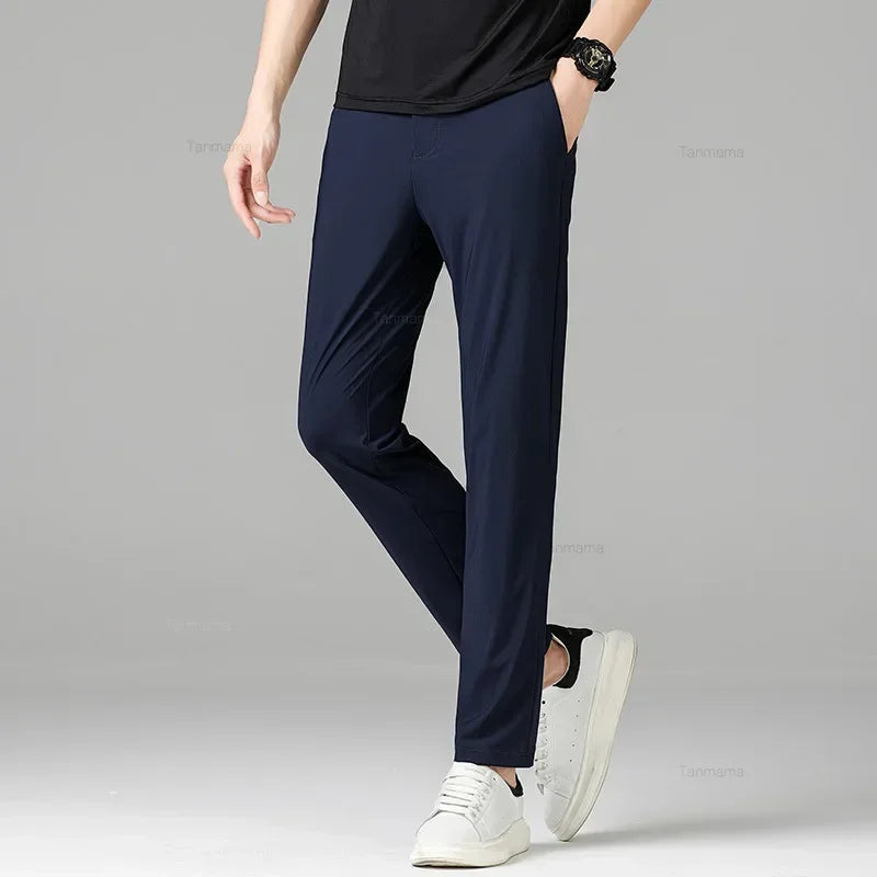 Summer Quick-drying Ice Silk Men's Casual Pants Ultra-thin Highly Elastic Business Casual Non-iron Trousers Black Gray Blue
