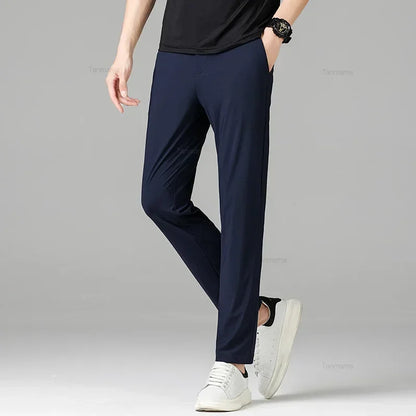 Summer Quick-drying Ice Silk Men's Casual Pants Ultra-thin Highly Elastic Business Casual Non-iron Trousers Black Gray Blue