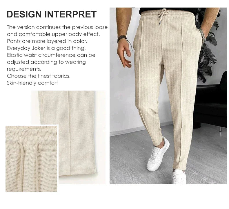 Mens Stylish Waffle Pants - Casual Sports Slim Fit with Adjustable Drawstring Secure Pockets for All Seasons - Perfect Outdoor