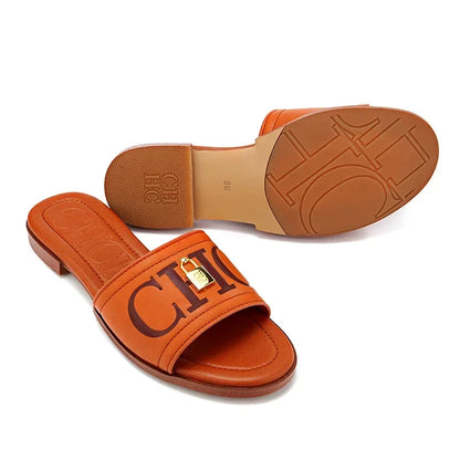 Fashion Monogram Print Elegant Design Women's Low Heeled Slippers Solid Color High Quality Metal Lock Simple Single Shoes