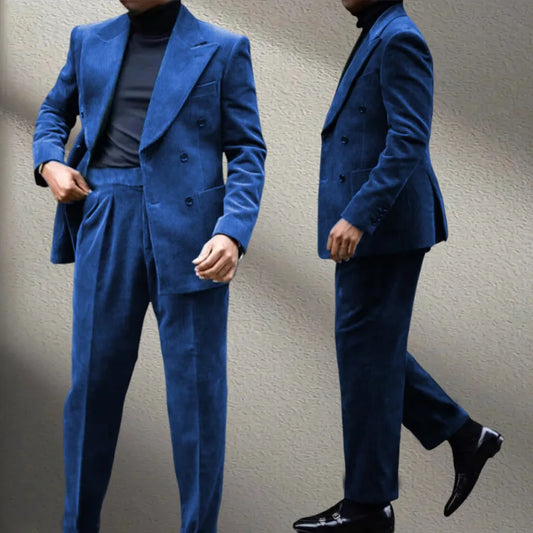 2-Pieces Retro Corduroy Double Breasted Suit Set(Blazer+Pants)High-Quality Warm Luxurious Set Wedding Part Prom Dinner Wrok