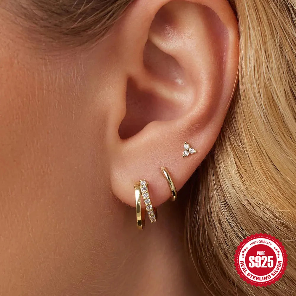 925 Sterling Silver 3PCS Zircon Double Layer Hoop Earrings For Women Minimalism Ins Earrings Fine Jewelry Party Gift