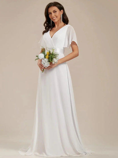 Empire Evening Dresses Cross V-Neck Tulle Short Sleeve Sashes Wedding Dress Sexy Backless Women's Formal Party Gowns