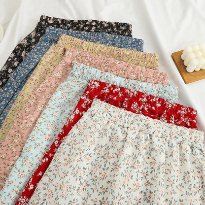 Women's Summer Skirts Vintage Floral Printed Chiffon Skirts High-waisted Elastic Waist Relaxed Mid-length Skirts Beach Skirts
