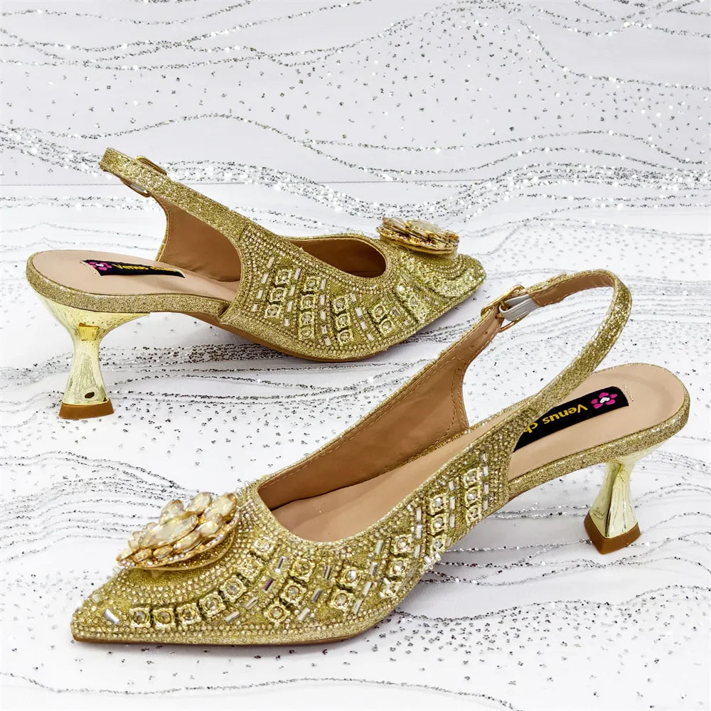 Elegant Fruit Green Women's Green Heels and Rhinestone Handbag Set - Italian Design for Weddings and Parties