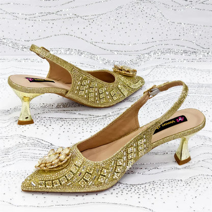 Elegant Fruit Green Women's Green Heels and Rhinestone Handbag Set - Italian Design for Weddings and Parties